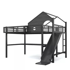 Metal loft bed frame with slide and house design