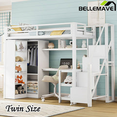 Bellemave® Metal Loft Bed With Desk, USB Ports, 5 - Layer Shelf, Wardrobe and Stepped Stairs - Bellemave