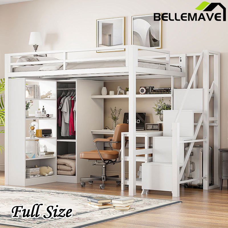 Bellemave® Metal Loft Bed With Desk, USB Ports, 5 - Layer Shelf, Wardrobe and Stepped Stairs - Bellemave