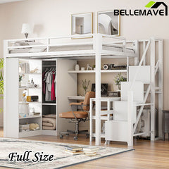 Bellemave® Metal Loft Bed With Desk, USB Ports, 5 - Layer Shelf, Wardrobe and Stepped Stairs - Bellemave