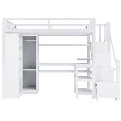Bellemave® Metal Loft Bed With Desk, USB Ports, 5 - Layer Shelf, Wardrobe and Stepped Stairs - Bellemave