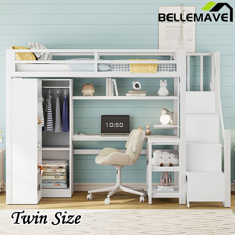 Bellemave® Metal Loft Bed With Desk, USB Ports, 5 - Layer Shelf, Wardrobe and Stepped Stairs - Bellemave