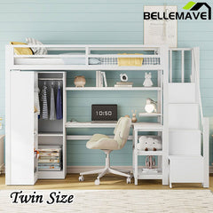Bellemave® Metal Loft Bed With Desk, USB Ports, 5 - Layer Shelf, Wardrobe and Stepped Stairs - Bellemave