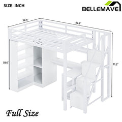 Bellemave® Metal Loft Bed With Desk, USB Ports, 5 - Layer Shelf, Wardrobe and Stepped Stairs - Bellemave