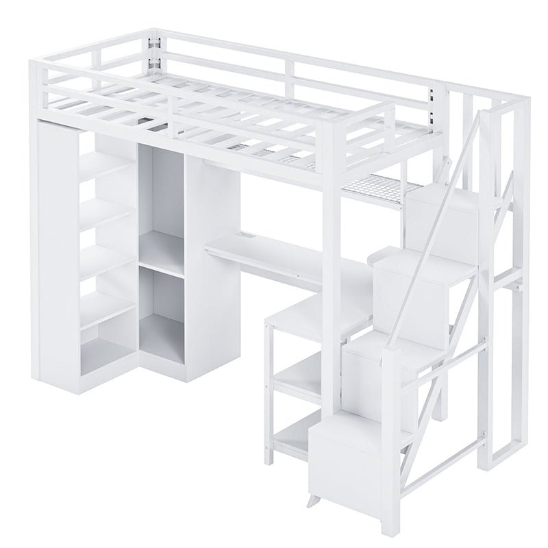 Bellemave® Metal Loft Bed With Desk, USB Ports, 5 - Layer Shelf, Wardrobe and Stepped Stairs - Bellemave