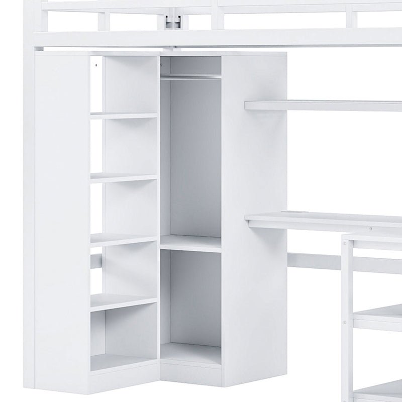 Bellemave® Metal Loft Bed With Desk, USB Ports, 5 - Layer Shelf, Wardrobe and Stepped Stairs - Bellemave
