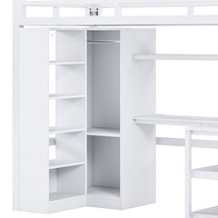 Bellemave® Metal Loft Bed With Desk, USB Ports, 5 - Layer Shelf, Wardrobe and Stepped Stairs - Bellemave