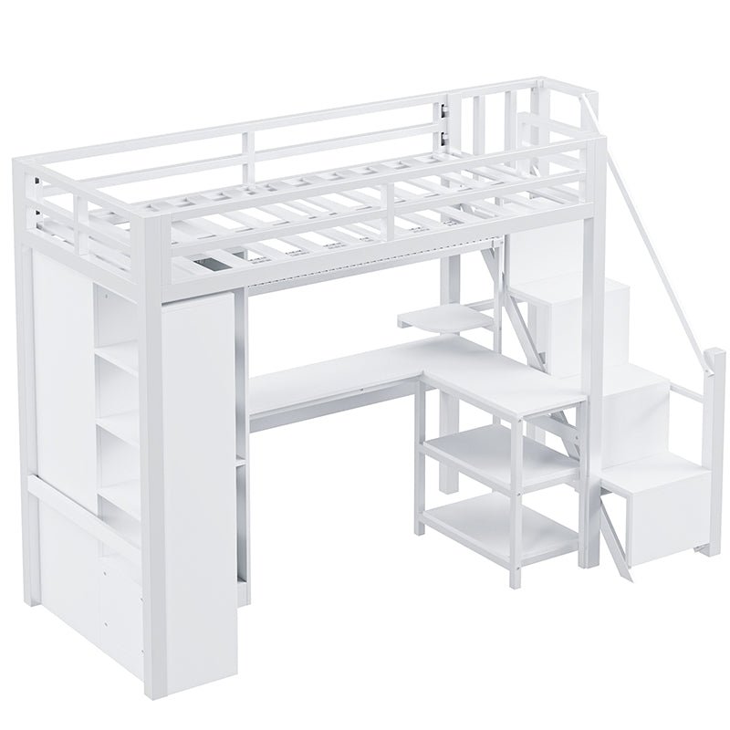 Bellemave® Metal Loft Bed With Desk, USB Ports, 5 - Layer Shelf, Wardrobe and Stepped Stairs - Bellemave