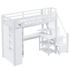 Bellemave® Metal Loft Bed With Desk, USB Ports, 5 - Layer Shelf, Wardrobe and Stepped Stairs - Bellemave