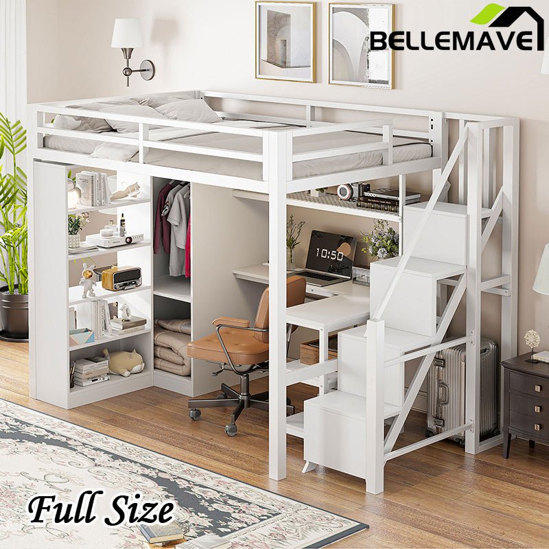 Bellemave® Metal Loft Bed With Desk, USB Ports, 5 - Layer Shelf, Wardrobe and Stepped Stairs - Bellemave