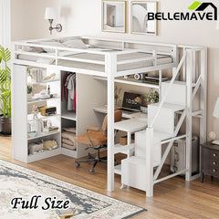 Bellemave® Metal Loft Bed With Desk, USB Ports, 5 - Layer Shelf, Wardrobe and Stepped Stairs - Bellemave