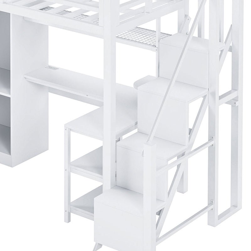 Bellemave® Metal Loft Bed With Desk, USB Ports, 5 - Layer Shelf, Wardrobe and Stepped Stairs - Bellemave