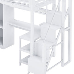 Bellemave® Metal Loft Bed With Desk, USB Ports, 5 - Layer Shelf, Wardrobe and Stepped Stairs - Bellemave