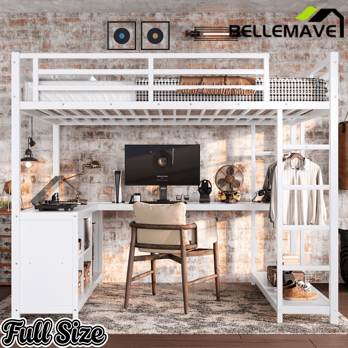 Bellemave® Metal Loft Bed with Desk, Wardrobe, Storage Cubes & Shelves, Heavy - duty Loft Bed Frame for Kids, Teens, Adults, Noise - free - Bellemave