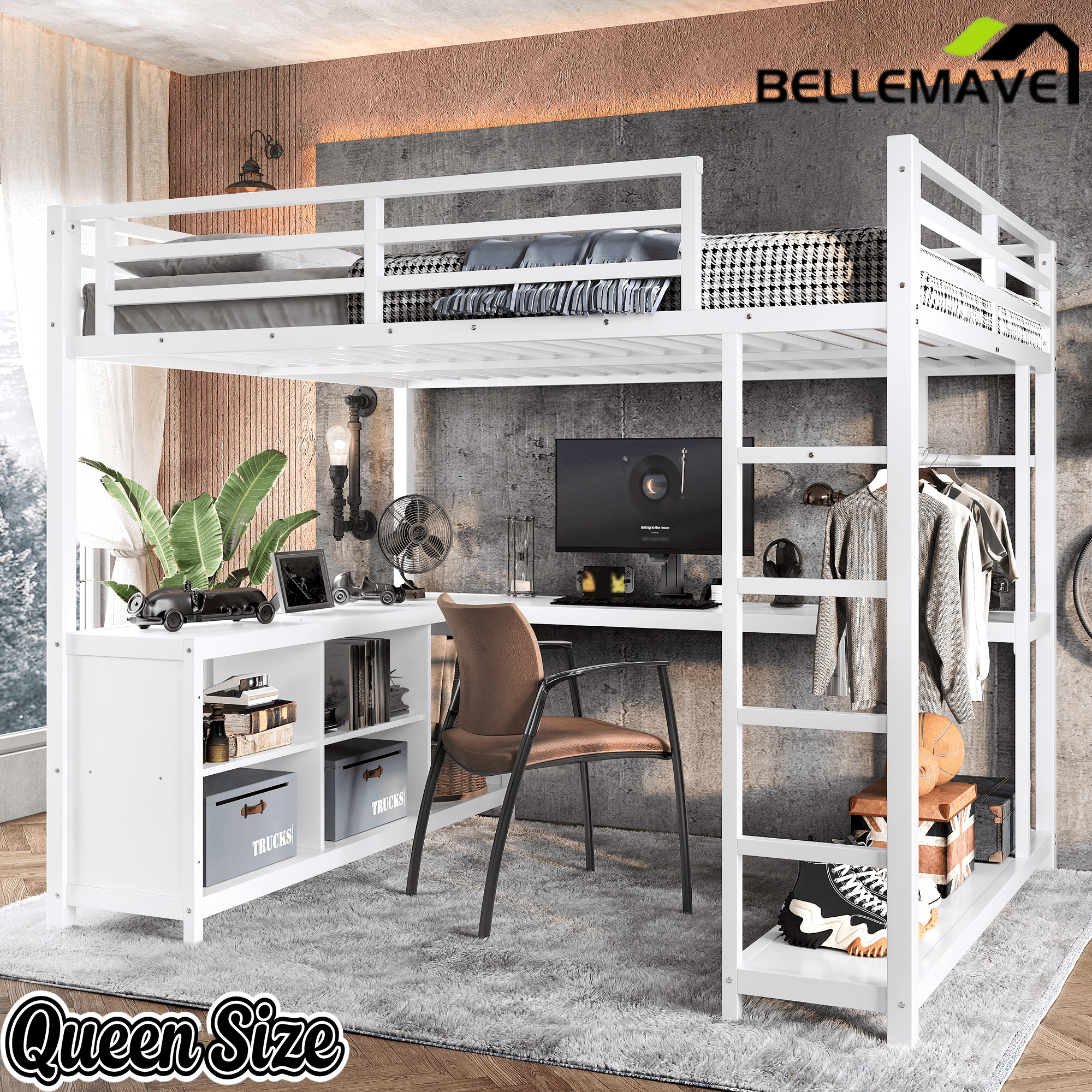 Bellemave® Metal Loft Bed with Desk, Wardrobe, Storage Cubes & Shelves, Heavy - duty Loft Bed Frame for Kids, Teens, Adults, Noise - free - Bellemave