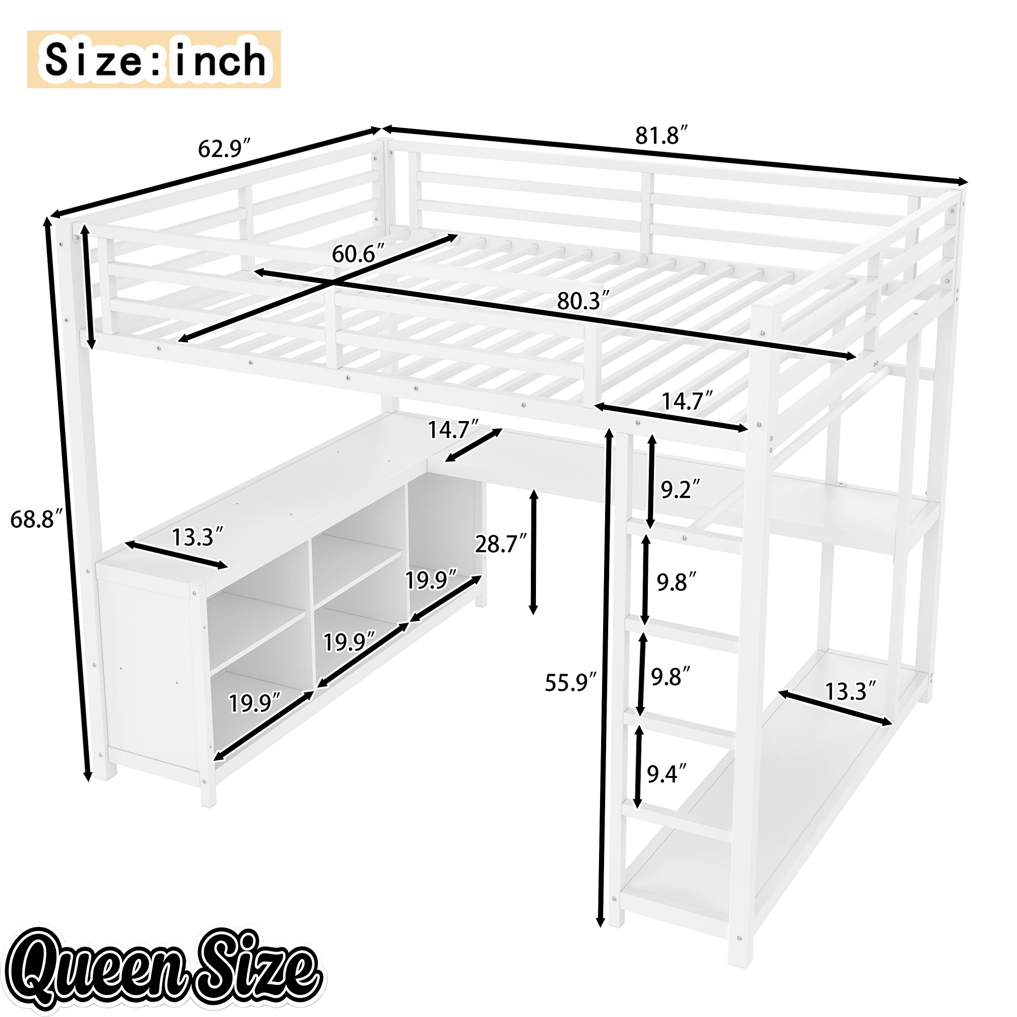 Bellemave® Metal Loft Bed with Desk, Wardrobe, Storage Cubes & Shelves, Heavy - duty Loft Bed Frame for Kids, Teens, Adults, Noise - free - Bellemave