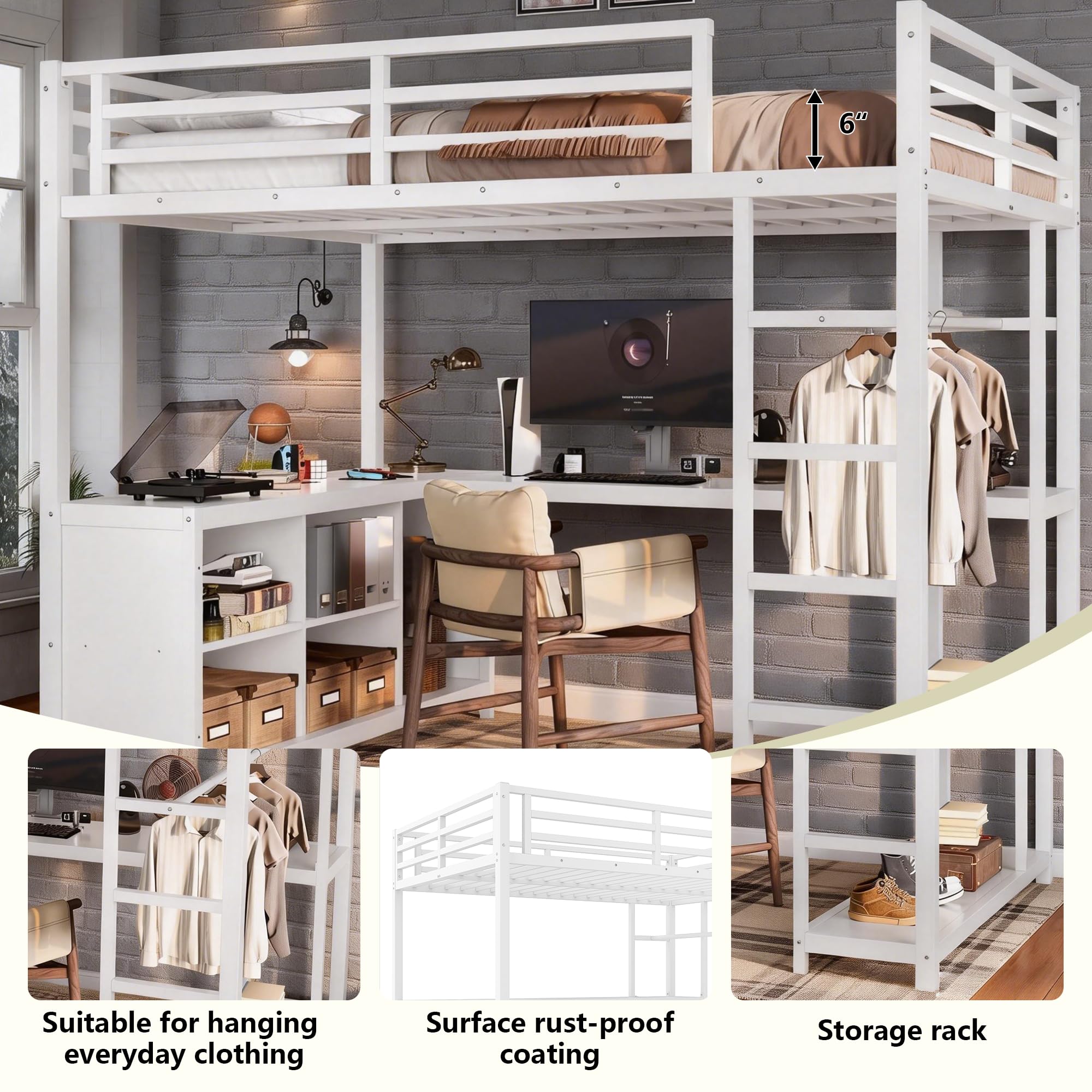 Bellemave® Metal Loft Bed with Desk, Wardrobe, Storage Cubes & Shelves, Heavy - duty Loft Bed Frame for Kids, Teens, Adults, Noise - free - Bellemave