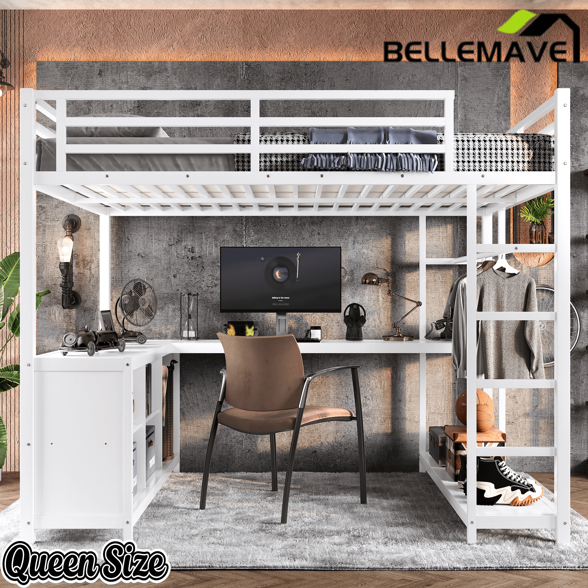 Bellemave® Metal Loft Bed with Desk, Wardrobe, Storage Cubes & Shelves, Heavy - duty Loft Bed Frame for Kids, Teens, Adults, Noise - free - Bellemave