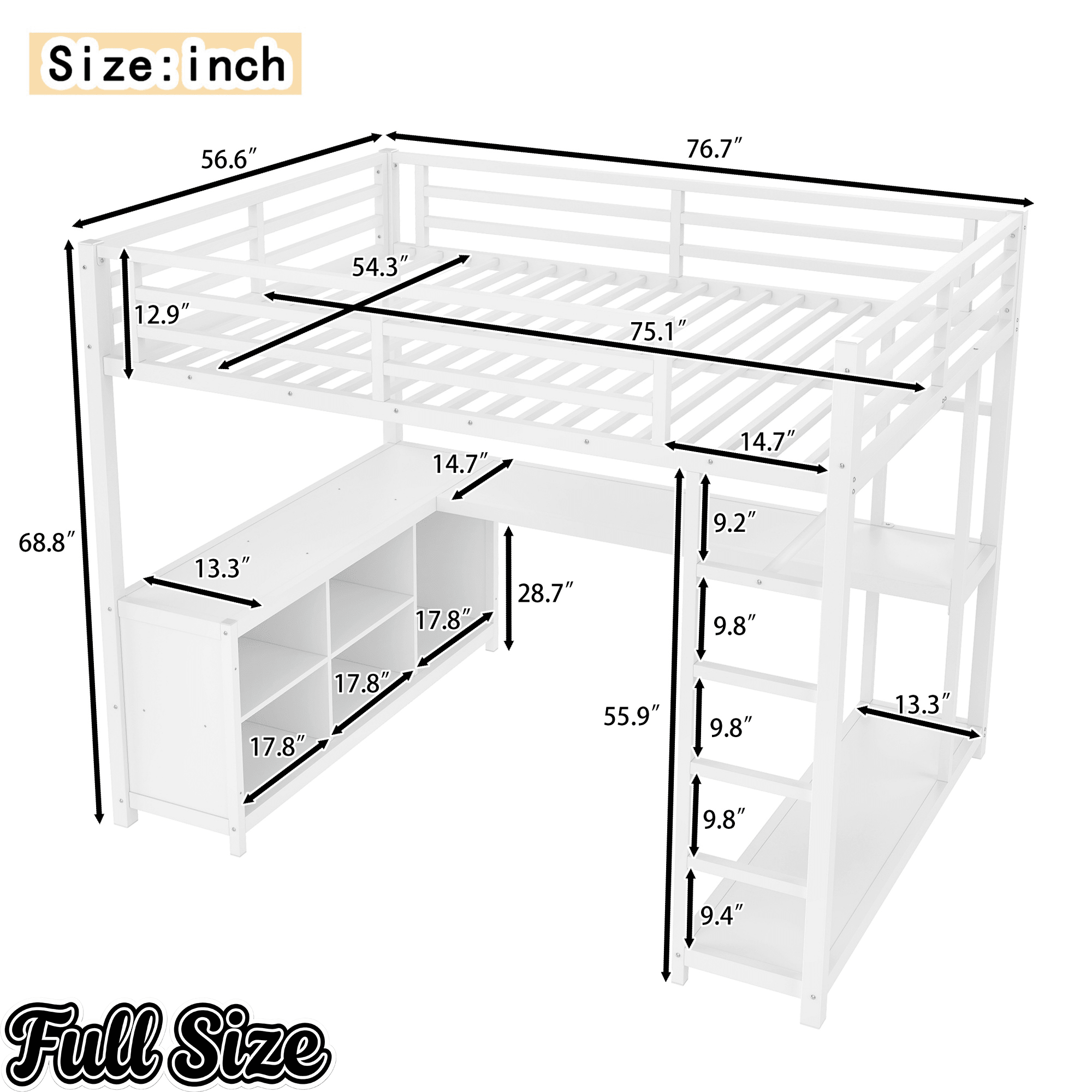 Bellemave® Metal Loft Bed with Desk, Wardrobe, Storage Cubes & Shelves, Heavy - duty Loft Bed Frame for Kids, Teens, Adults, Noise - free - Bellemave