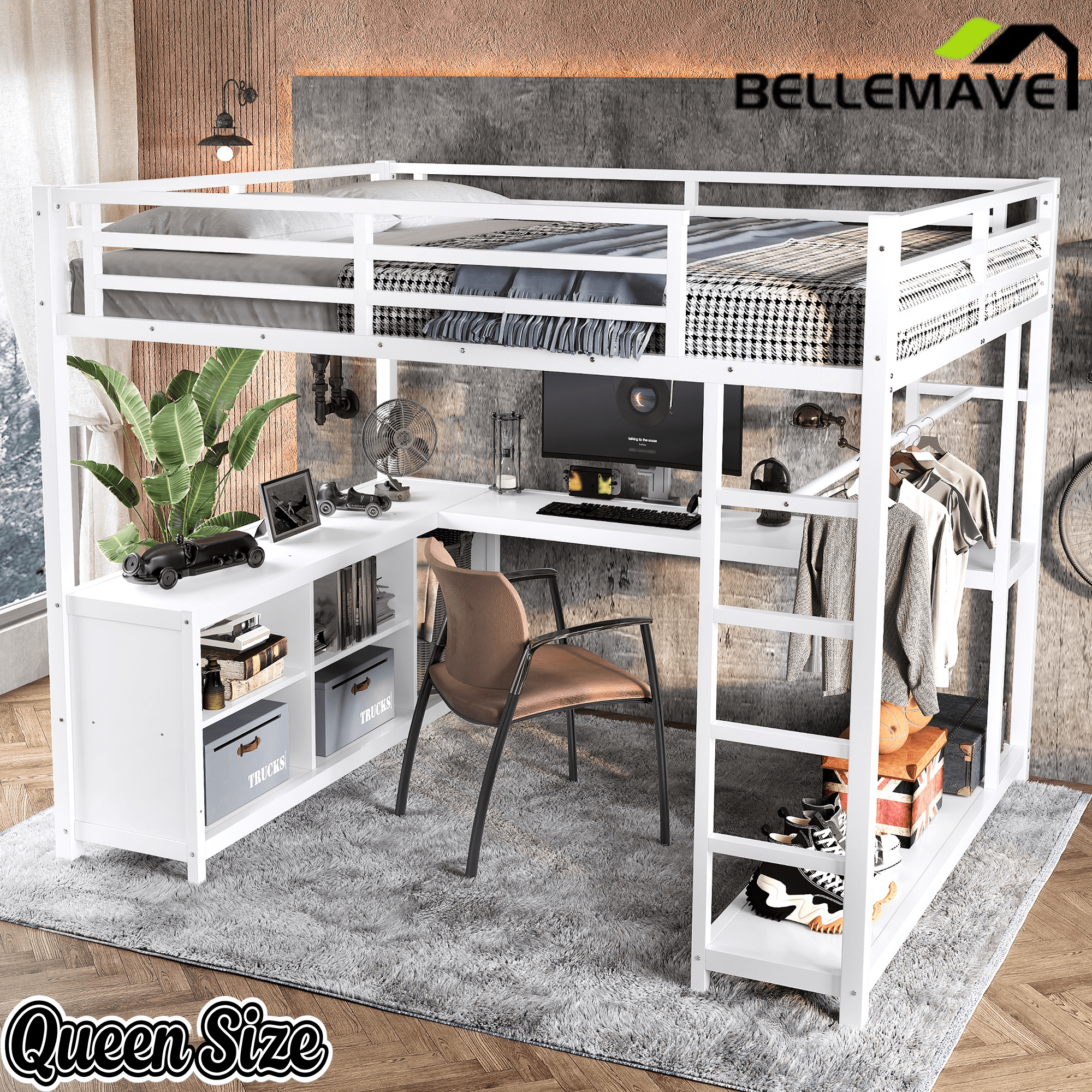 Bellemave® Metal Loft Bed with Desk, Wardrobe, Storage Cubes & Shelves, Heavy - duty Loft Bed Frame for Kids, Teens, Adults, Noise - free - Bellemave