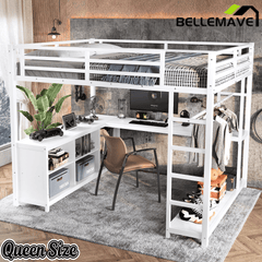 Bellemave® Metal Loft Bed with Desk, Wardrobe, Storage Cubes & Shelves, Heavy - duty Loft Bed Frame for Kids, Teens, Adults, Noise - free - Bellemave