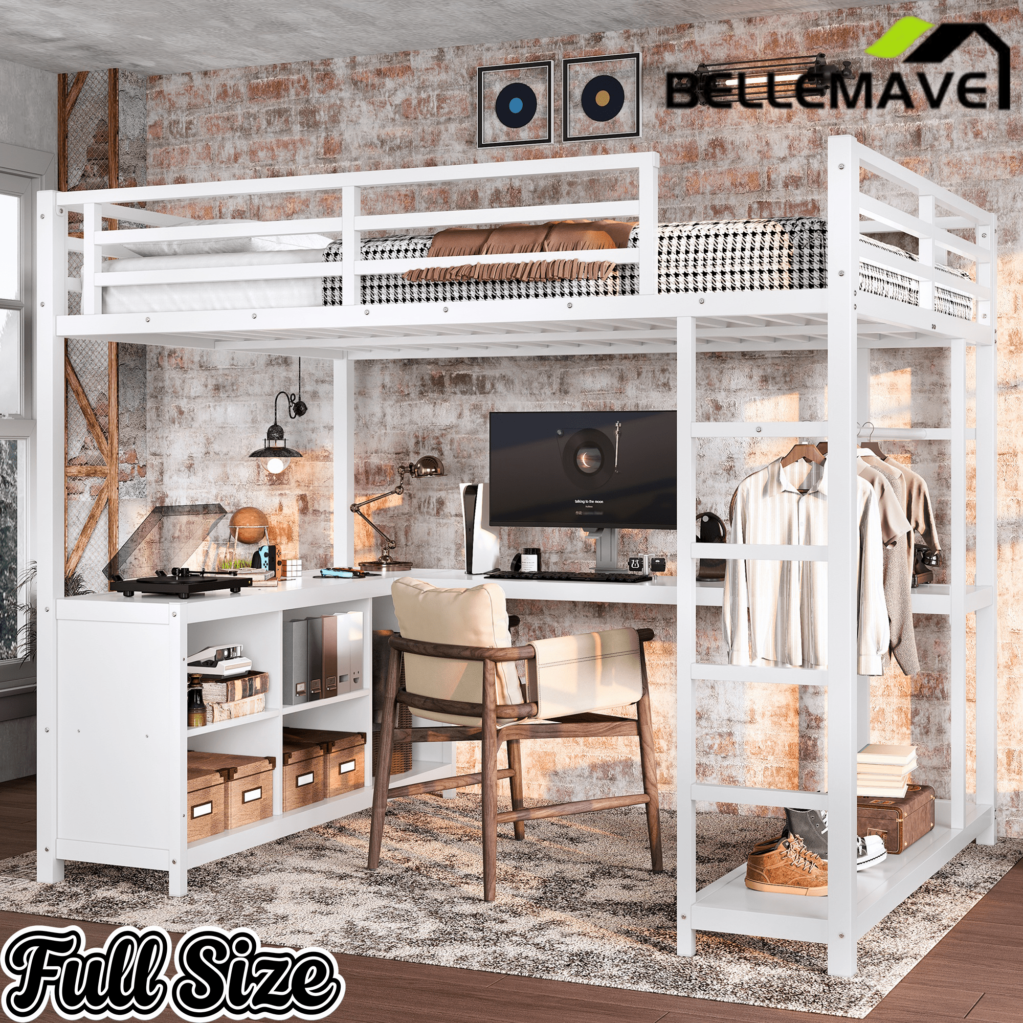 Bellemave® Metal Loft Bed with Desk, Wardrobe, Storage Cubes & Shelves, Heavy - duty Loft Bed Frame for Kids, Teens, Adults, Noise - free - Bellemave