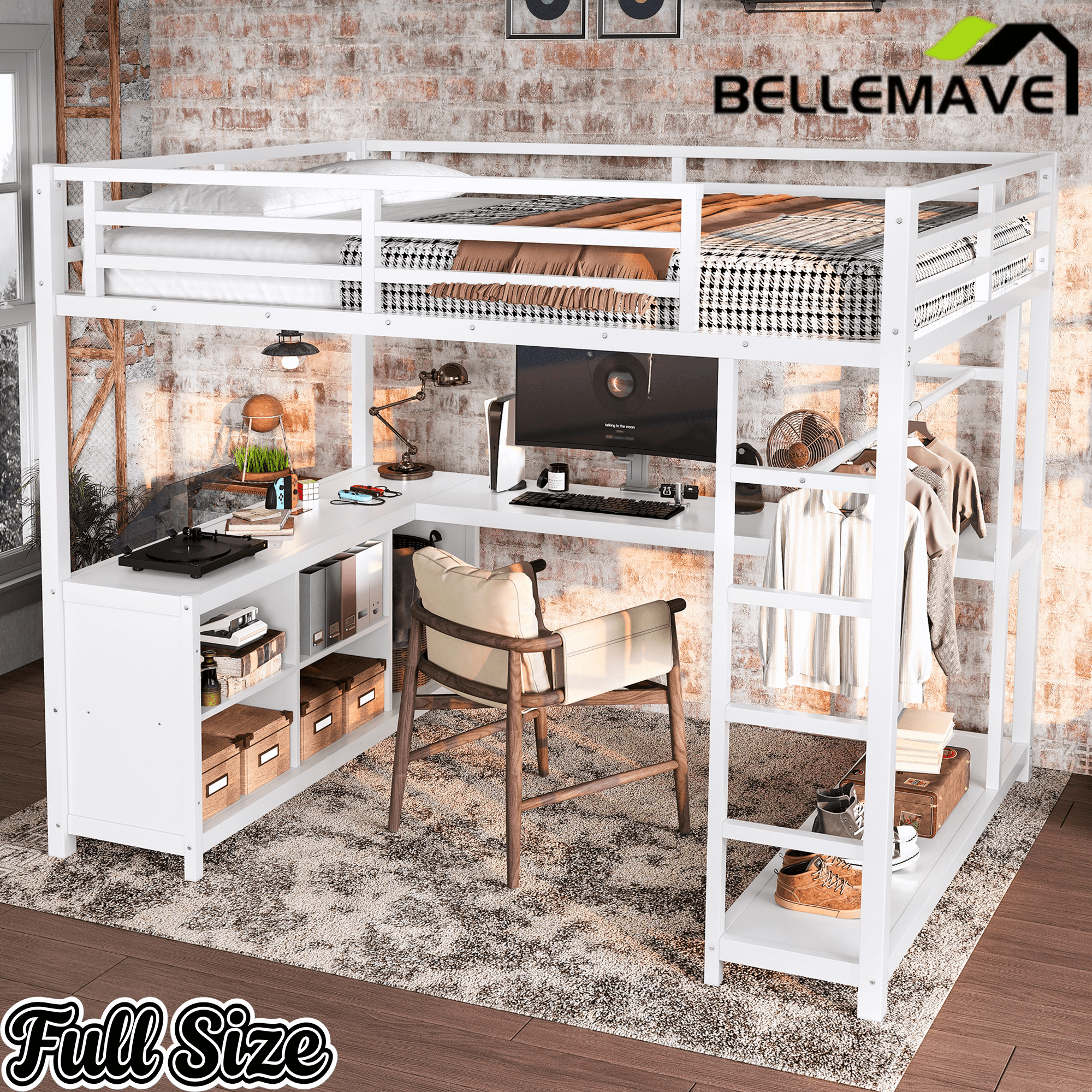 Bellemave® Metal Loft Bed with Desk, Wardrobe, Storage Cubes & Shelves, Heavy - duty Loft Bed Frame for Kids, Teens, Adults, Noise - free - Bellemave