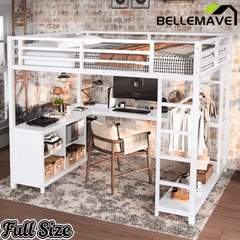 Bellemave® Metal Loft Bed with Desk, Wardrobe, Storage Cubes & Shelves, Heavy - duty Loft Bed Frame for Kids, Teens, Adults, Noise - free - Bellemave