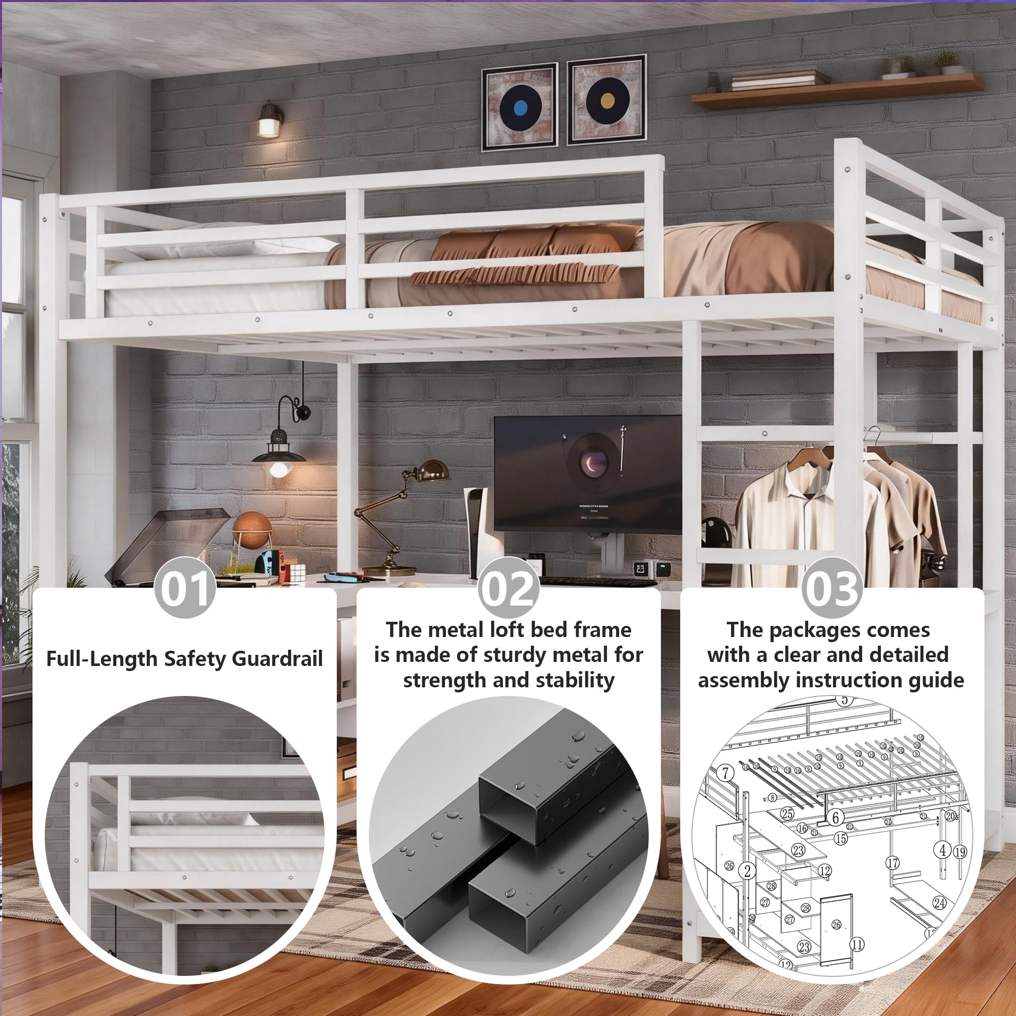 Bellemave® Metal Loft Bed with Desk, Wardrobe, Storage Cubes & Shelves, Heavy - duty Loft Bed Frame for Kids, Teens, Adults, Noise - free - Bellemave