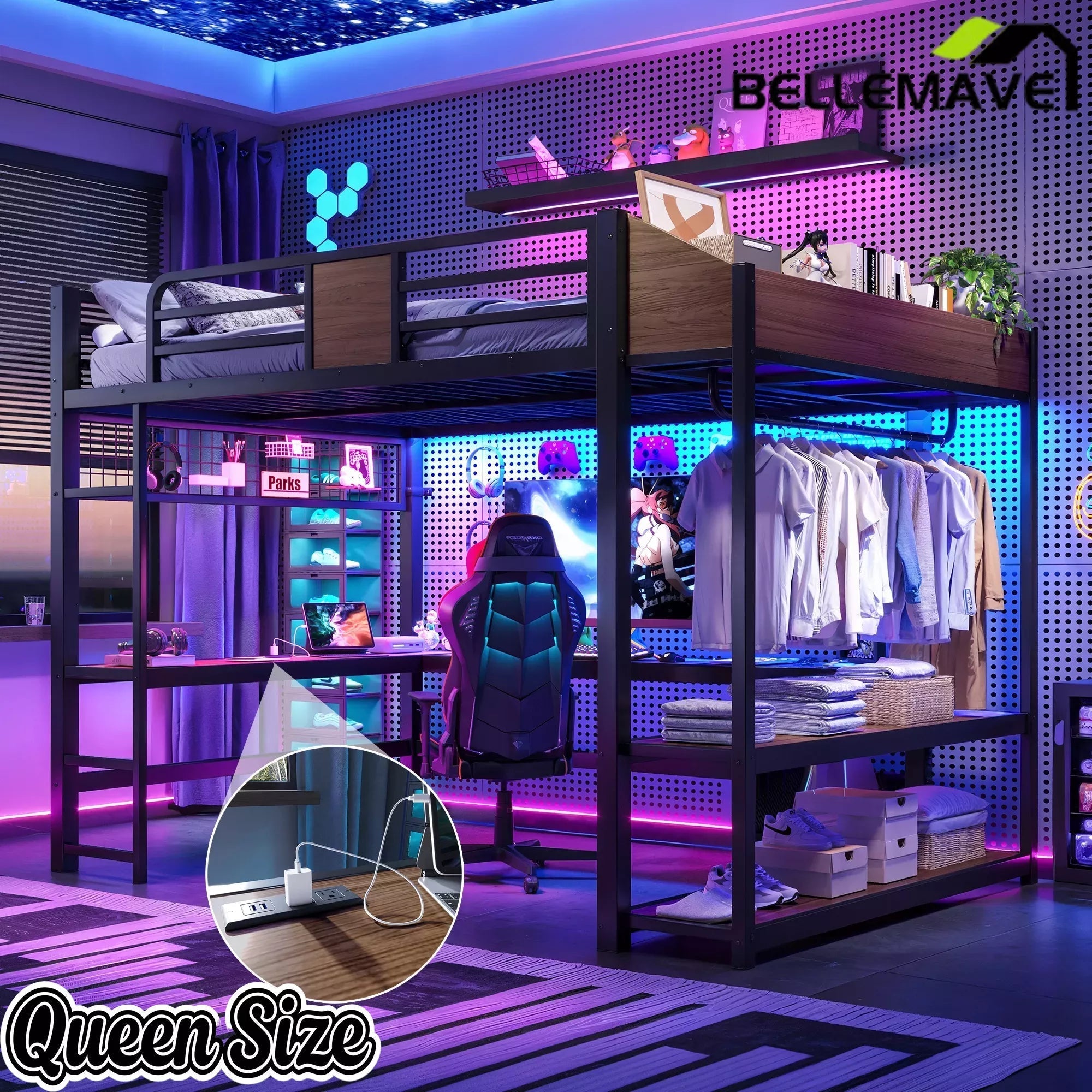Bellemave® Metal Loft Bed with L-Shaped Desk, LED Light Strips, USB Ports, Clothes Hanging Rod and Multi Storage Shelves - Bellemave