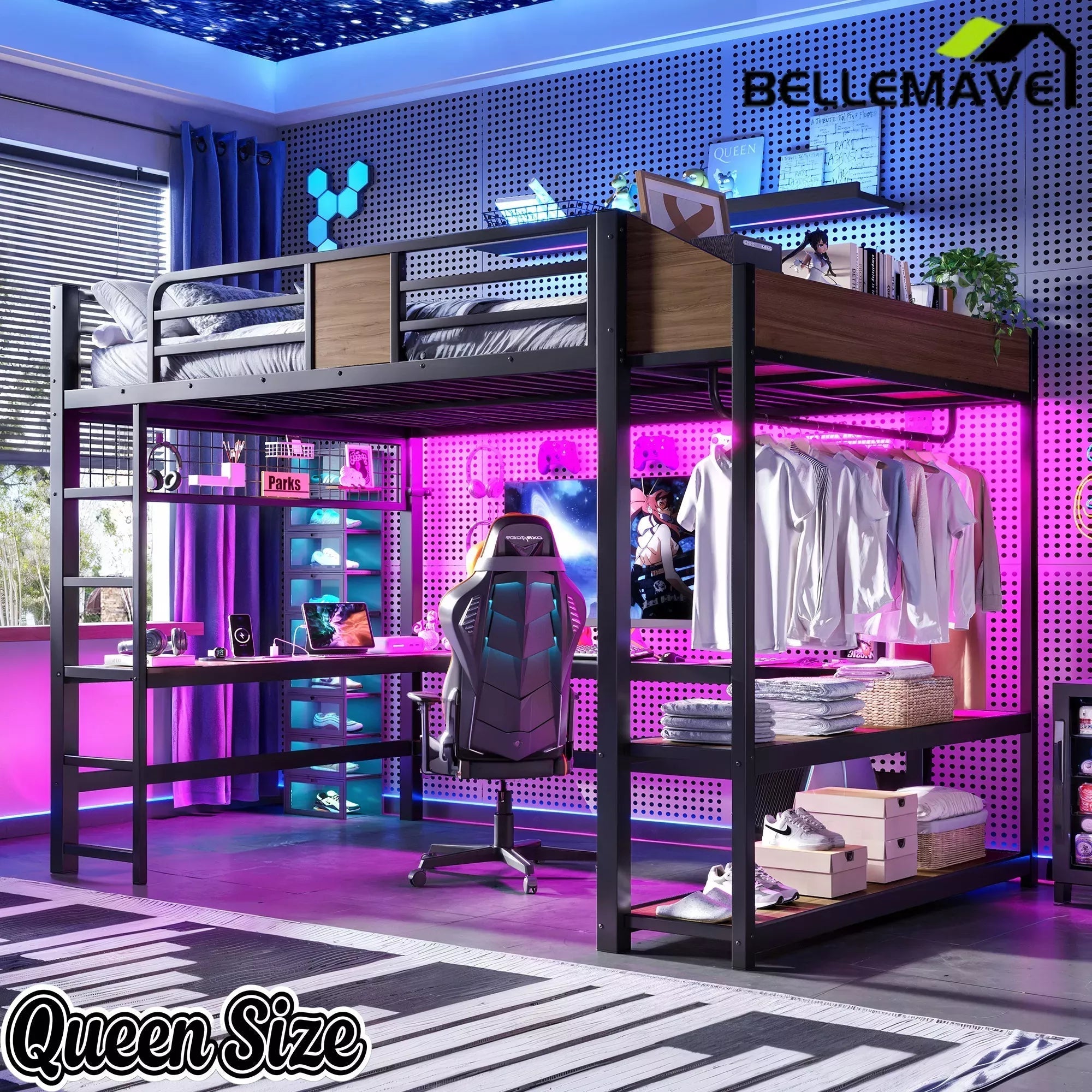 Bellemave® Metal Loft Bed with L-Shaped Desk, LED Light Strips, USB Ports, Clothes Hanging Rod and Multi Storage Shelves - Bellemave