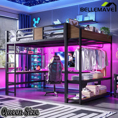 Bellemave® Metal Loft Bed with L-Shaped Desk, LED Light Strips, USB Ports, Clothes Hanging Rod and Multi Storage Shelves - Bellemave
