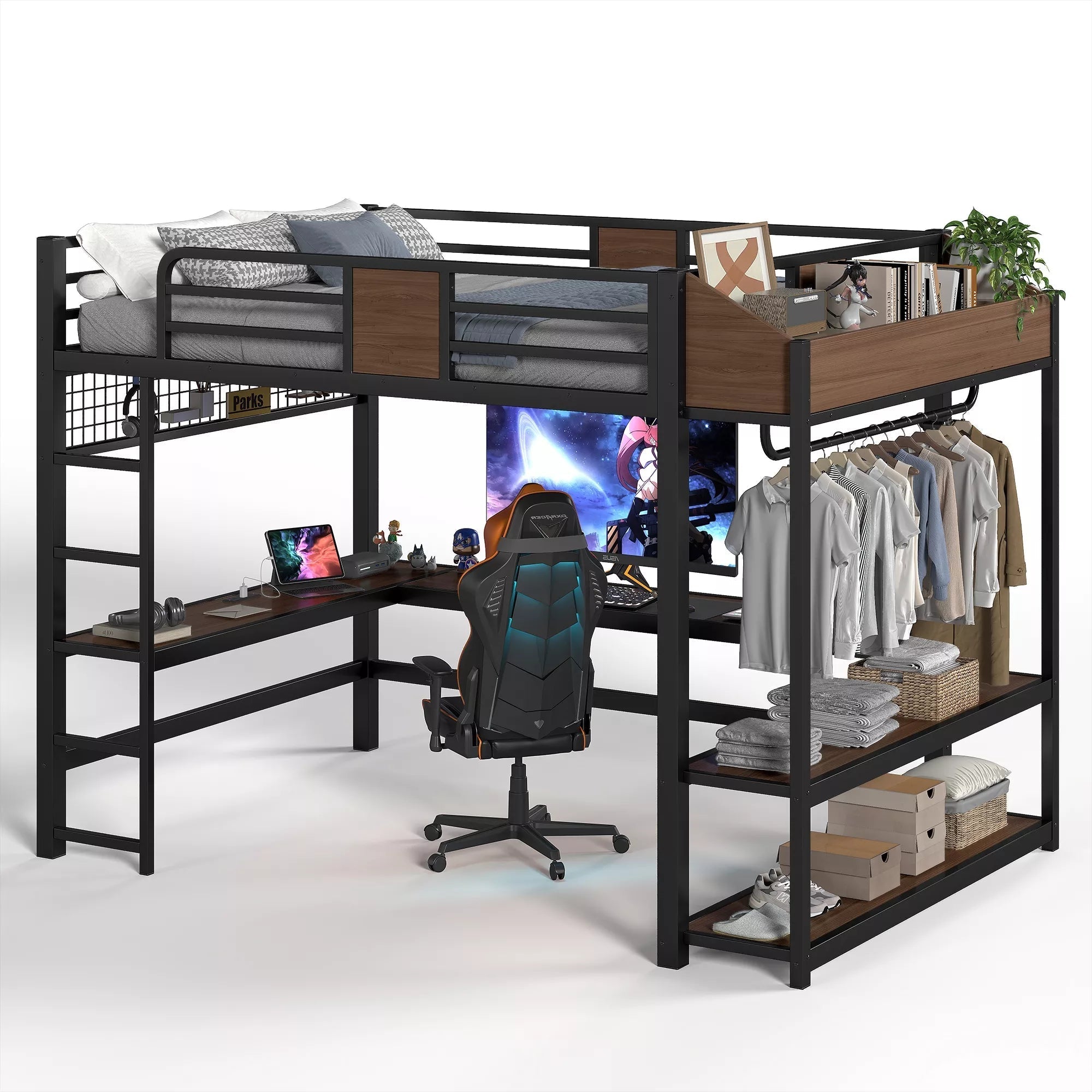 Bellemave® Metal Loft Bed with L-Shaped Desk, LED Light Strips, USB Ports, Clothes Hanging Rod and Multi Storage Shelves - Bellemave