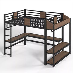 Bellemave® Metal Loft Bed with L-Shaped Desk, LED Light Strips, USB Ports, Clothes Hanging Rod and Multi Storage Shelves - Bellemave