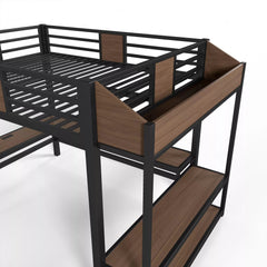 Bellemave® Metal Loft Bed with L-Shaped Desk, LED Light Strips, USB Ports, Clothes Hanging Rod and Multi Storage Shelves - Bellemave