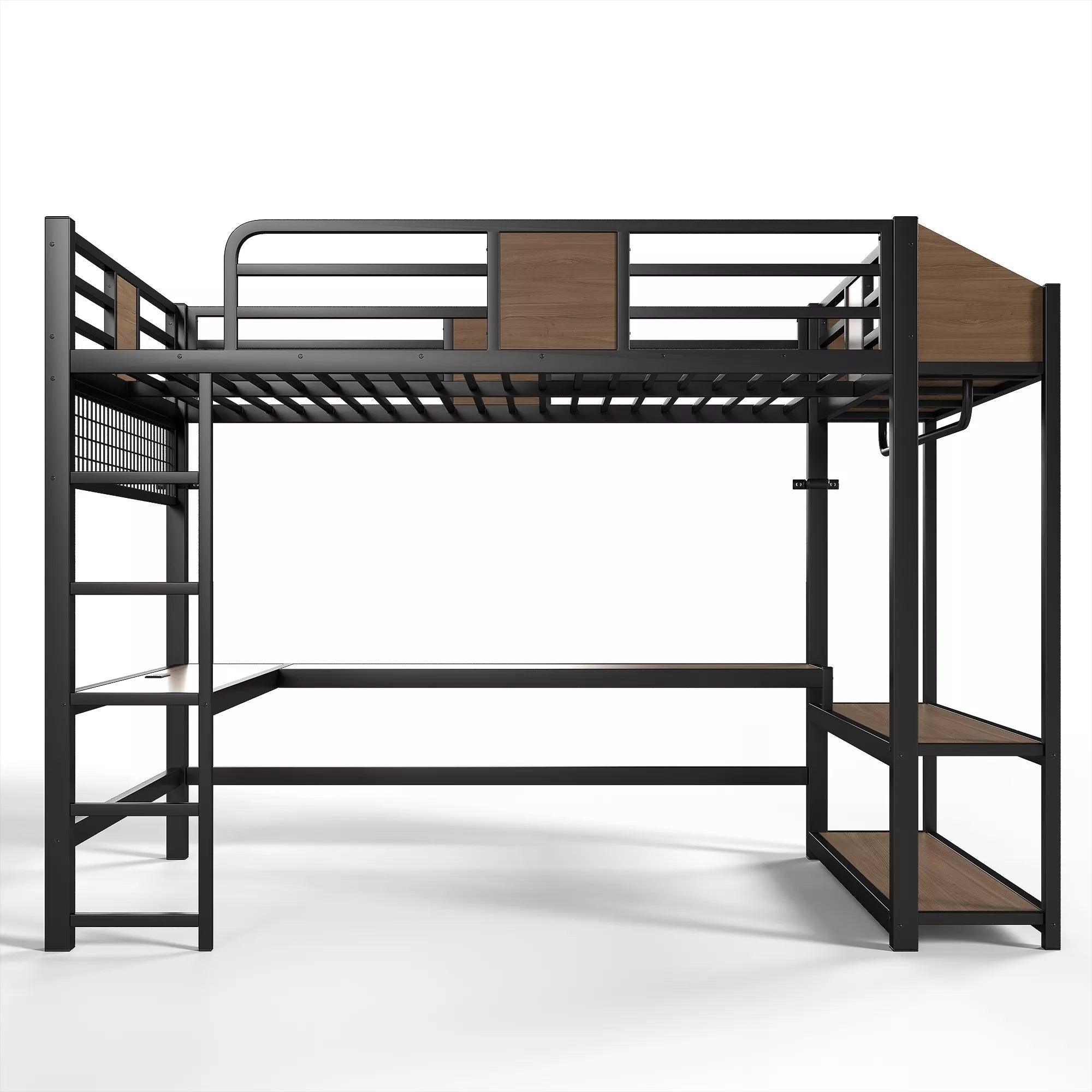 Bellemave® Metal Loft Bed with L-Shaped Desk, LED Light Strips, USB Ports, Clothes Hanging Rod and Multi Storage Shelves - Bellemave