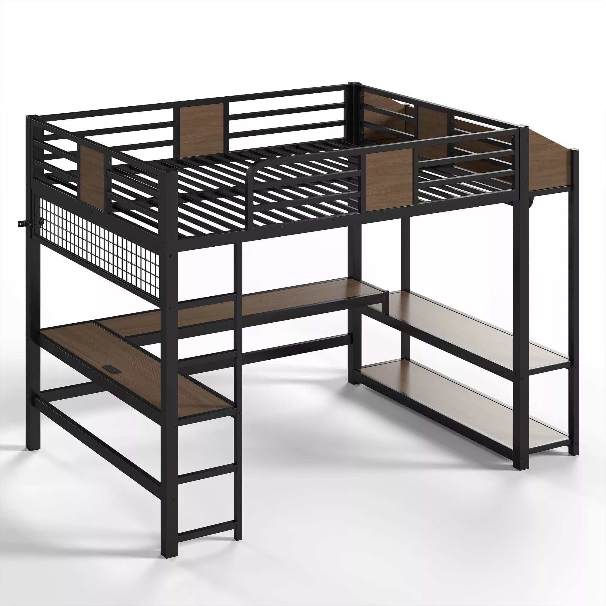 Bellemave® Metal Loft Bed with L-Shaped Desk, LED Light Strips, USB Ports, Clothes Hanging Rod and Multi Storage Shelves - Bellemave