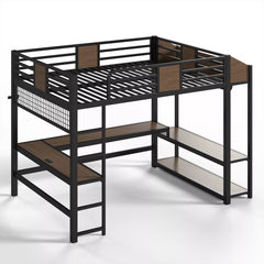 Bellemave® Metal Loft Bed with L-Shaped Desk, LED Light Strips, USB Ports, Clothes Hanging Rod and Multi Storage Shelves - Bellemave