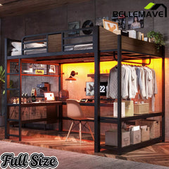 Bellemave® Metal Loft Bed with L-Shaped Desk, LED Light Strips, USB Ports, Clothes Hanging Rod and Multi Storage Shelves - Bellemave