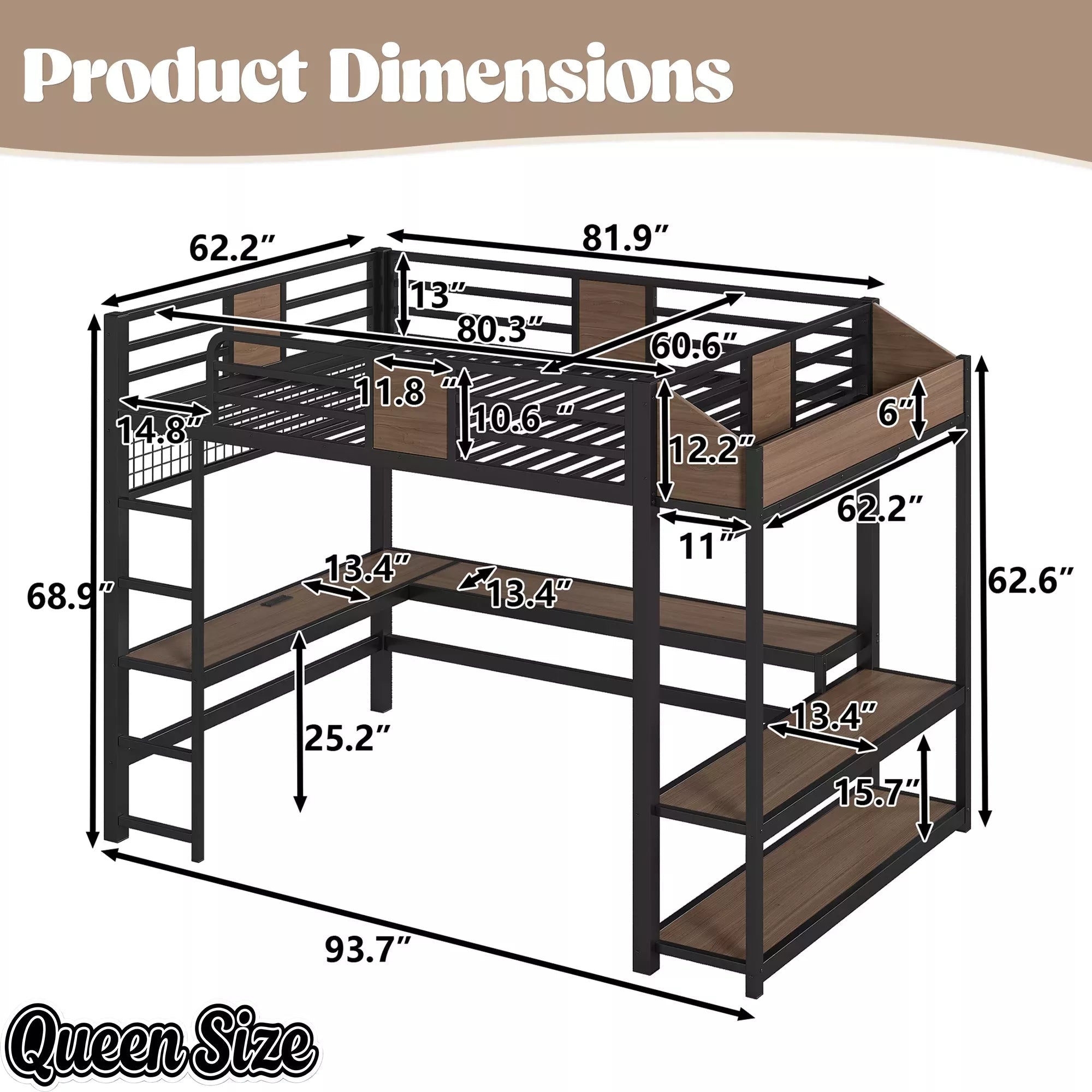 Bellemave® Metal Loft Bed with L-Shaped Desk, LED Light Strips, USB Ports, Clothes Hanging Rod and Multi Storage Shelves - Bellemave