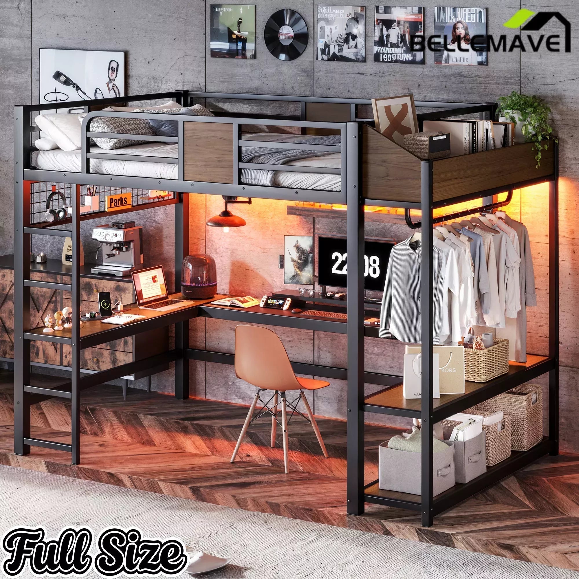 Bellemave® Metal Loft Bed with L-Shaped Desk, LED Light Strips, USB Ports, Clothes Hanging Rod and Multi Storage Shelves - Bellemave
