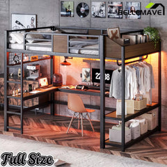 Bellemave® Metal Loft Bed with L-Shaped Desk, LED Light Strips, USB Ports, Clothes Hanging Rod and Multi Storage Shelves - Bellemave