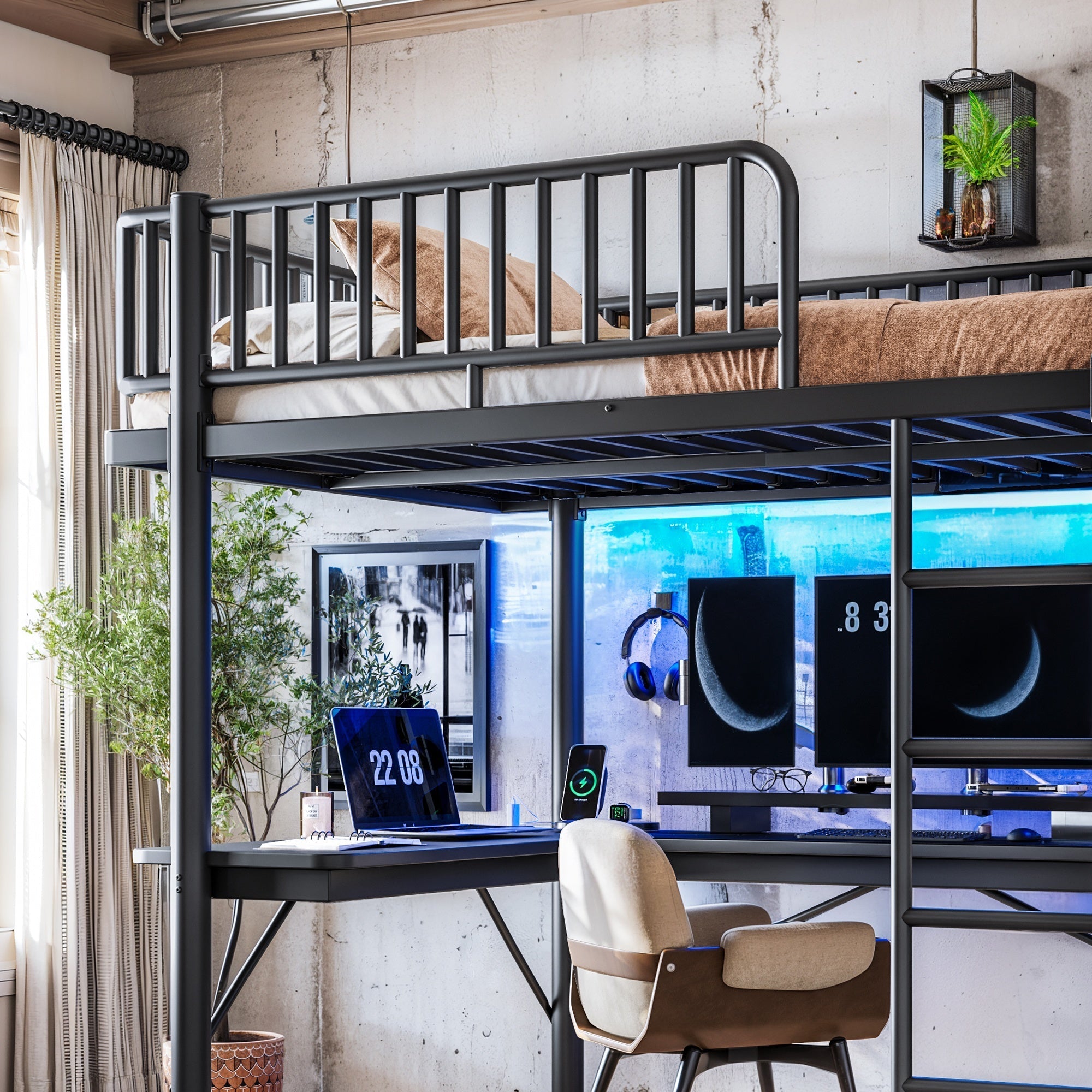 Bellemave® Metal Loft Bed with L - Shaped Desk,LED Lights & Charging Station,Heavy Duty Loft Bed Frame with Hanging Rod & CPU Tray for Kids, Teens & Adults - Bellemave