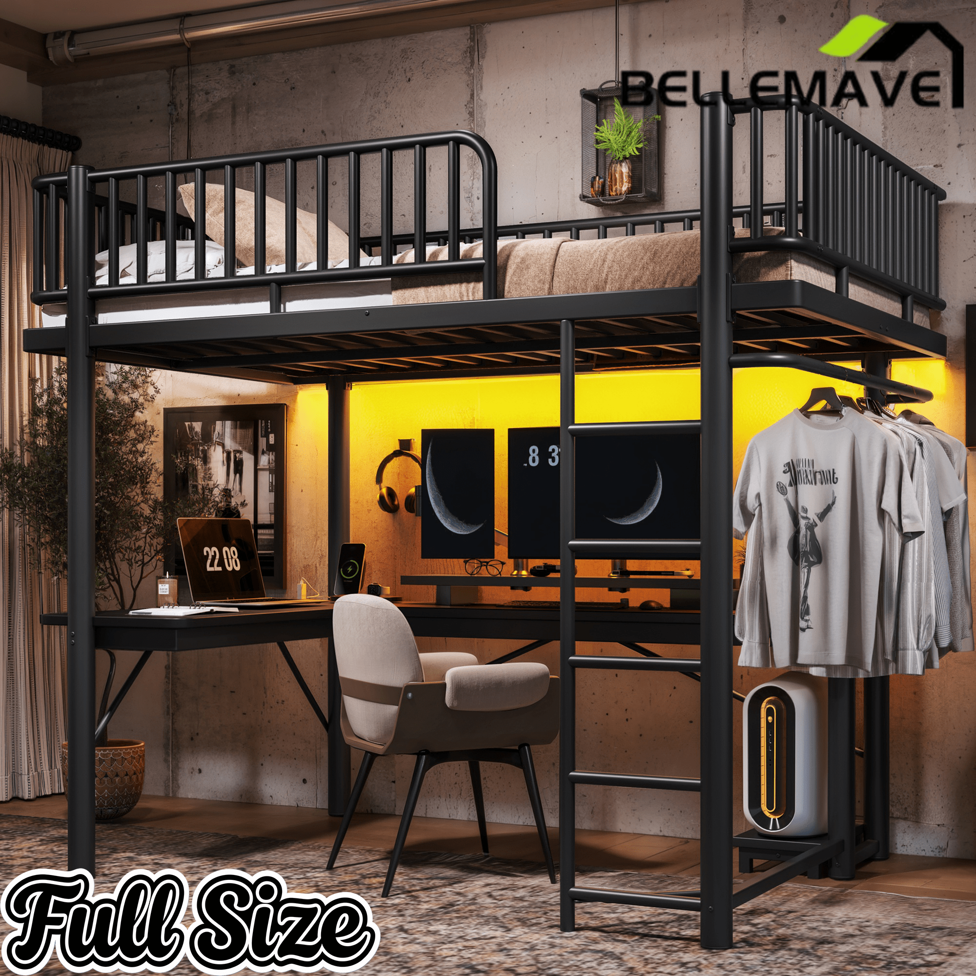 Bellemave® Metal Loft Bed with L - Shaped Desk,LED Lights & Charging Station,Heavy Duty Loft Bed Frame with Hanging Rod & CPU Tray for Kids, Teens & Adults - Bellemave