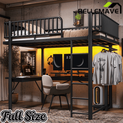 Bellemave® Metal Loft Bed with L - Shaped Desk,LED Lights & Charging Station,Heavy Duty Loft Bed Frame with Hanging Rod & CPU Tray for Kids, Teens & Adults - Bellemave