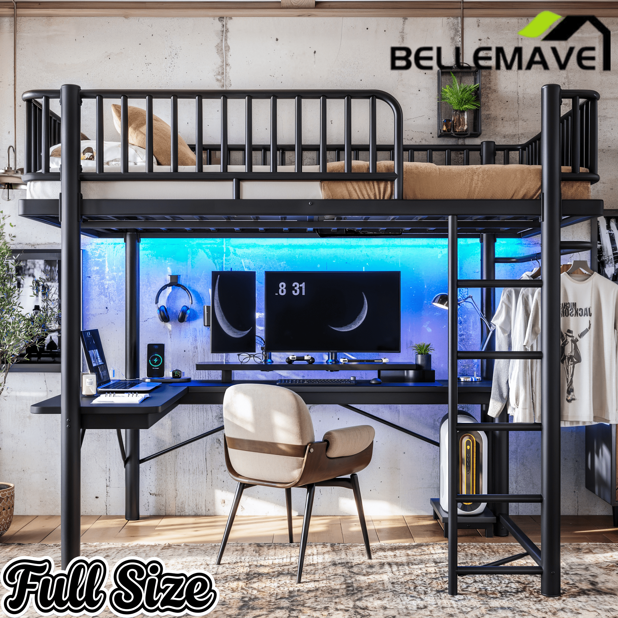 Bellemave® Metal Loft Bed with L - Shaped Desk,LED Lights & Charging Station,Heavy Duty Loft Bed Frame with Hanging Rod & CPU Tray for Kids, Teens & Adults - Bellemave