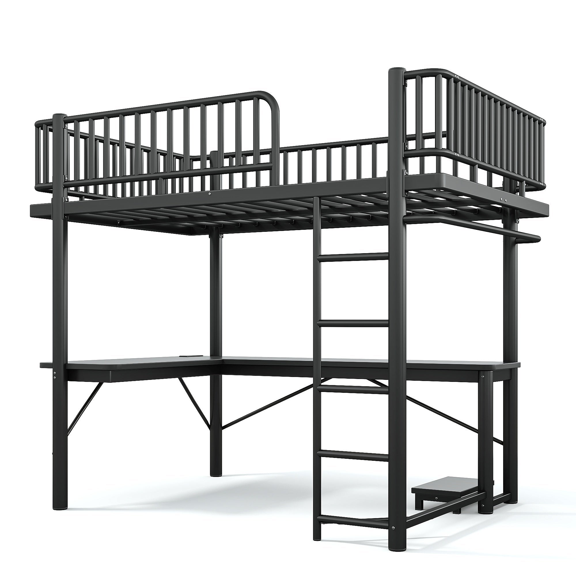 Bellemave® Metal Loft Bed with L - Shaped Desk,LED Lights & Charging Station,Heavy Duty Loft Bed Frame with Hanging Rod & CPU Tray for Kids, Teens & Adults - Bellemave