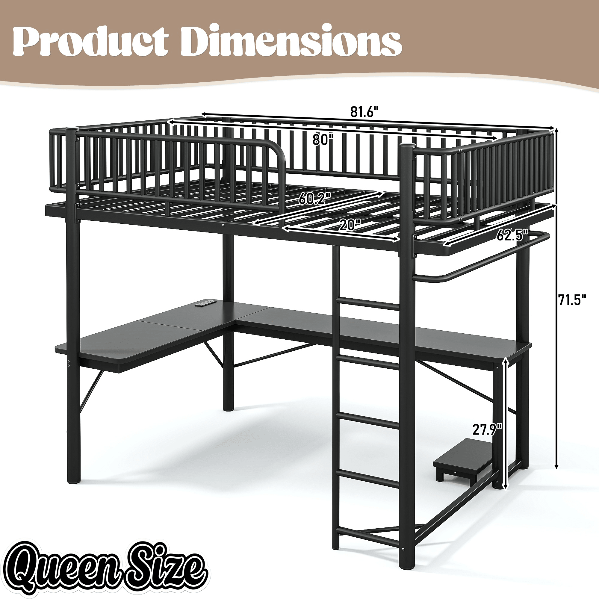 Bellemave® Metal Loft Bed with L - Shaped Desk,LED Lights & Charging Station,Heavy Duty Loft Bed Frame with Hanging Rod & CPU Tray for Kids, Teens & Adults - Bellemave