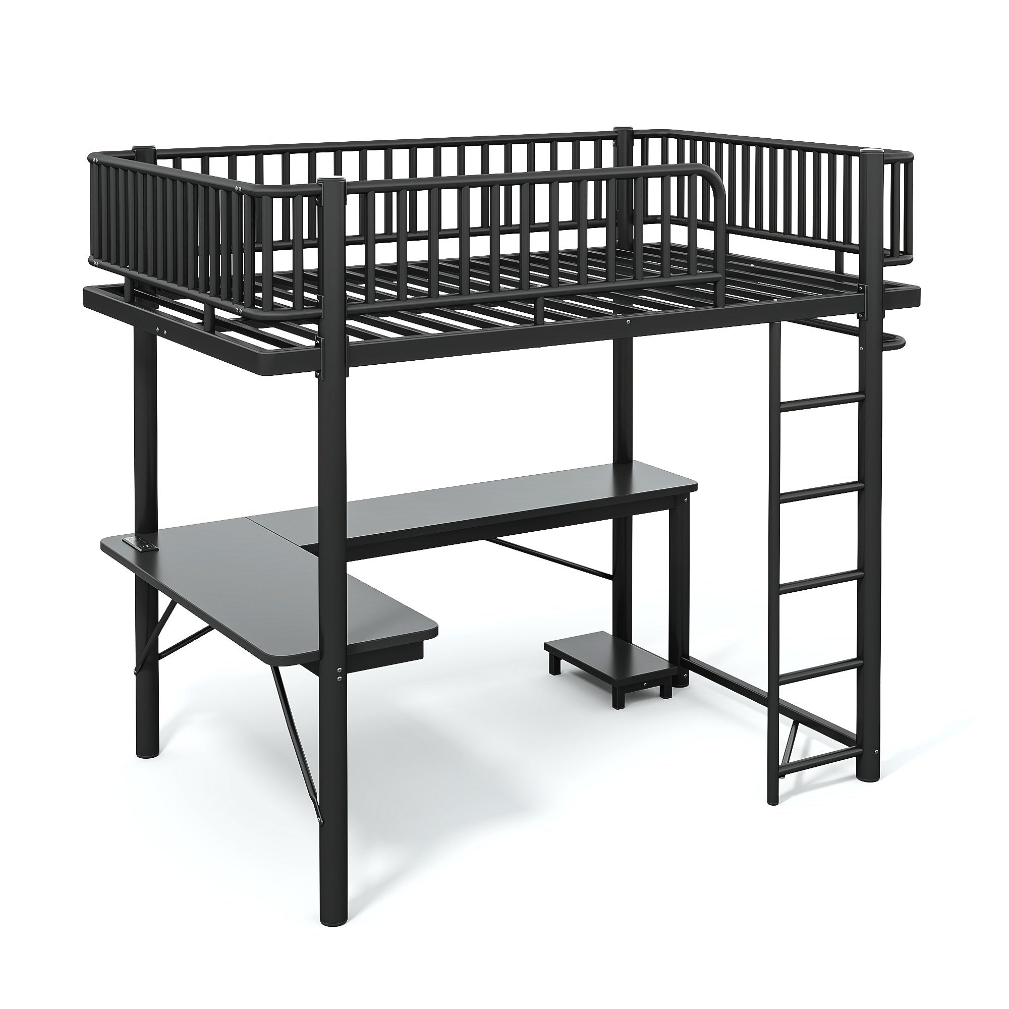 Bellemave® Metal Loft Bed with L - Shaped Desk,LED Lights & Charging Station,Heavy Duty Loft Bed Frame with Hanging Rod & CPU Tray for Kids, Teens & Adults - Bellemave