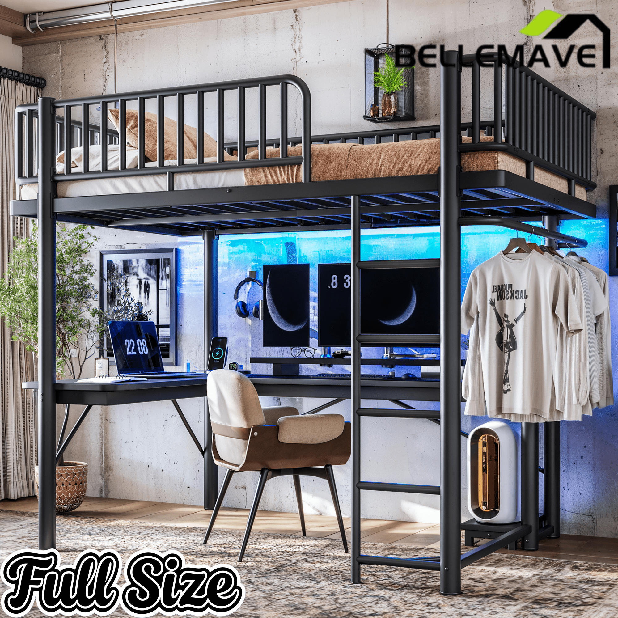 Bellemave® Metal Loft Bed with L - Shaped Desk,LED Lights & Charging Station,Heavy Duty Loft Bed Frame with Hanging Rod & CPU Tray for Kids, Teens & Adults - Bellemave